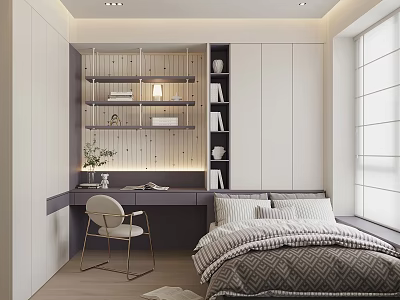 Modern Tatami Bedroom Interior Design With Desk Bookshelf Window And Lighting 3d model