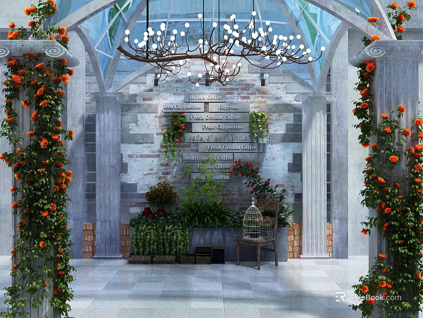 Charming Garden Decor With Arched Glass Ceiling Orange Flower Vines And Stone Wall 3d model 