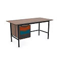 Modern Desk With Wooden Tabletop Black Metal Frame And Orange Blue Brown Drawers