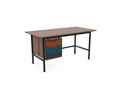 Modern Desk With Wooden Tabletop Black Metal Frame And Orange Blue Brown Drawers 3d model