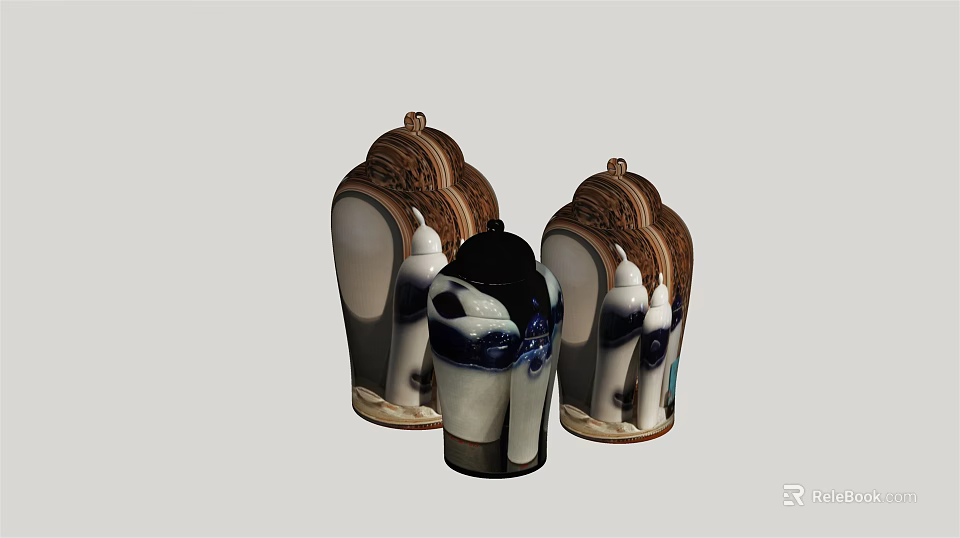 Decorative Ornament Set With Ceramic Vases Blue And White Pattern Carved Design For Home Decor 3d model 