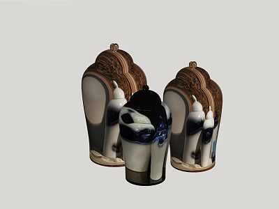 Decorative Ornament Set With Ceramic Vases Blue And White Pattern Carved Design For Home Decor 3d model