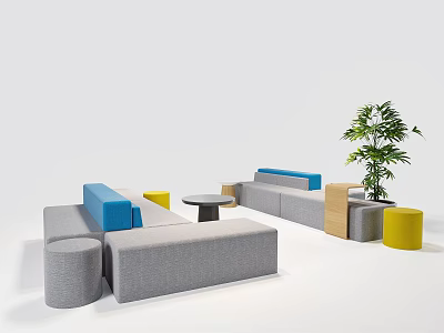 Modern Modular Public Seating in Grey Blue Yellow With Round Side Tables and Green Plant 3d model