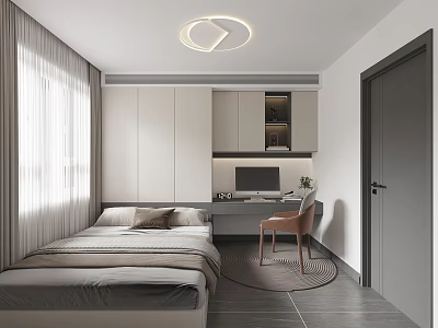 Tatami Bedroom Interior Design With Natural Light Window Curtains Built in Cabinets And Study Desk 3d model