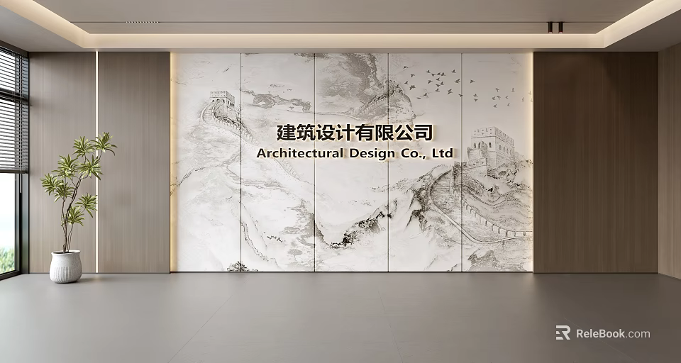 Architectural Design Background Wall With Chinese Landscape Painting Great Wall Flying Birds And Marble Texture 3d model 