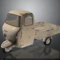Vintage Three Wheeled Motorcycle With Rustic Light Colored Body And Flatbed Cargo Bed