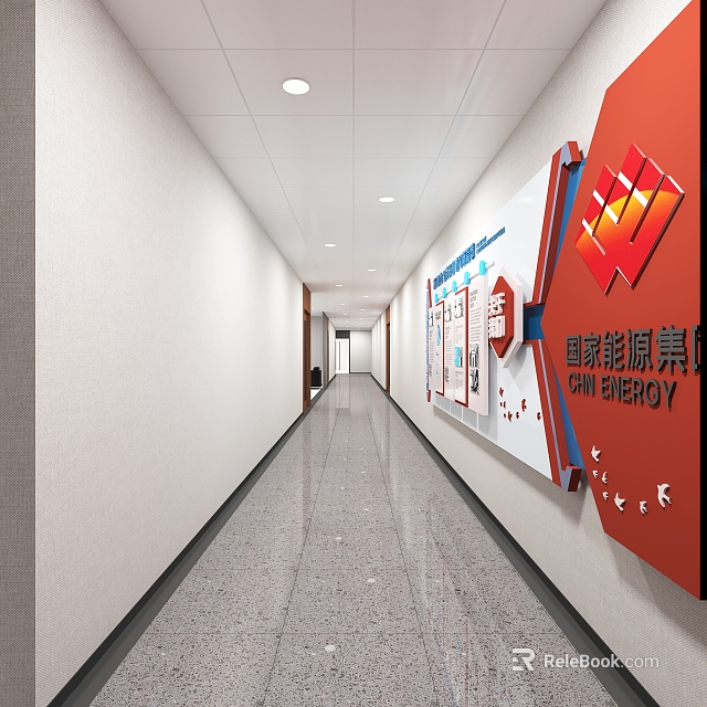 Modern Office Corridor With CHN ENERGY Logo Wall Displays Ceiling Lights And Polished Floor 3d model 