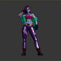 Woman With Purple Hair And Sunglasses Wearing Red Top Green Jacket Purple Pants Orange Belt