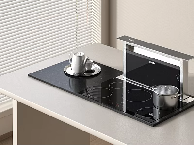 Modern Kitchen Countertop With Window Blinds Black Electric Cooktop Silver Pot And Coffee Cup Tray 3d model
