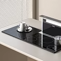 Modern Kitchen Countertop With Window Blinds Black Electric Cooktop Silver Pot And Coffee Cup Tray