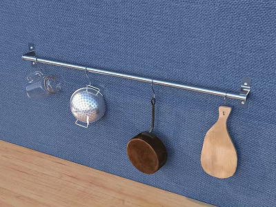 Hanging Kitchen Utensils On Metal Rod Against Blue Wall With Strainer Frying Pan Wooden Board 3d model