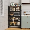 Black Multi Layer Kitchen Side Cabinet Shelf With Microwave Fruits Jars And Tableware 3d model