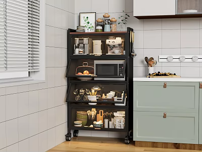 Black Multi Layer Kitchen Side Cabinet Shelf With Microwave Fruits Jars And Tableware 3d model