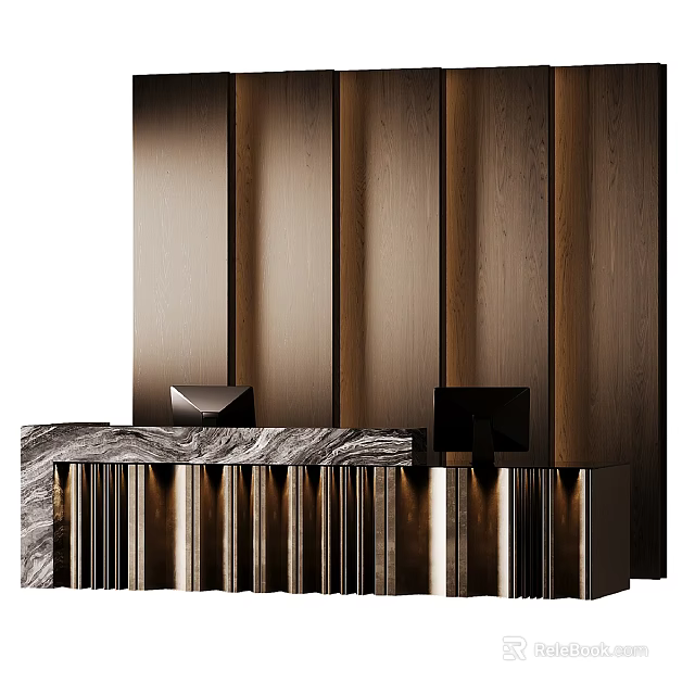 Elegant Wood Panel Background Wall With Marble Countertop And Black Decor Items 3d model