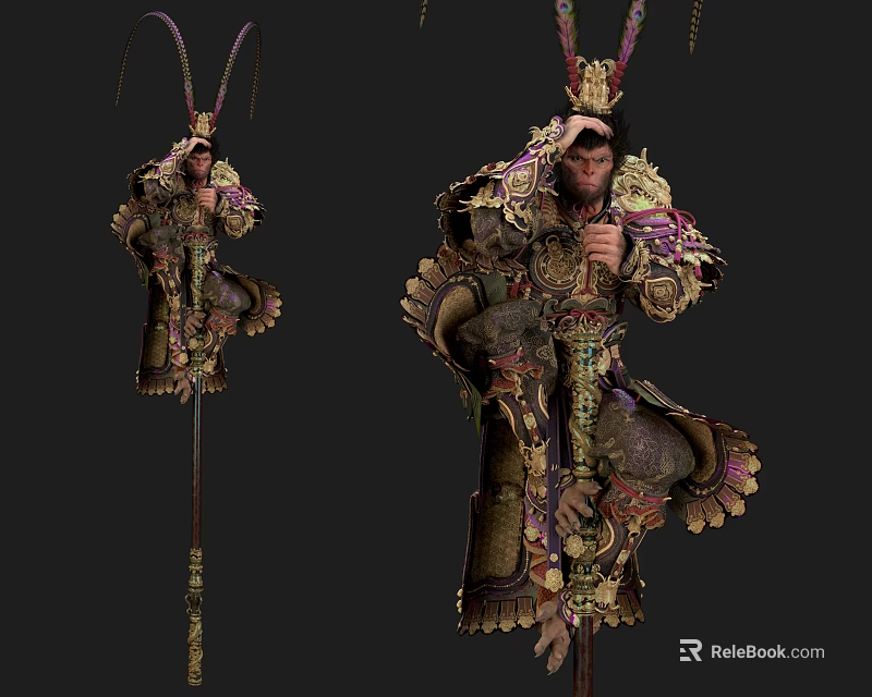 Game Fantasy Warrior Character With Elaborate Armor Ornate Headdress And Spear Weapon 3d model 