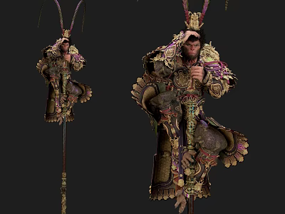 Game Fantasy Warrior Character With Elaborate Armor Ornate Headdress And Spear Weapon 3d model