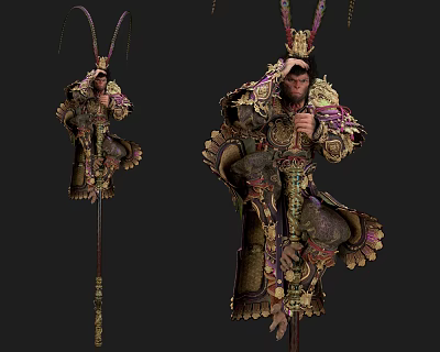 Game Fantasy Warrior Character With Elaborate Armor Ornate Headdress And Spear Weapon 3d model