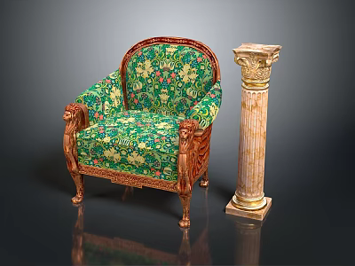 Classic Green Floral Pattern Armchair With Carved Wooden Armrests And Golden Legs Beside Marble Column 3d model