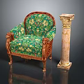 Classic Green Floral Pattern Armchair With Carved Wooden Armrests And Golden Legs Beside Marble Column