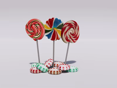 Three Colorful Spiral Lollipops And Striped Candies Displayed On White Background 3d model
