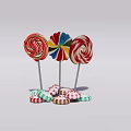Three Colorful Spiral Lollipops And Striped Candies Displayed On White Background