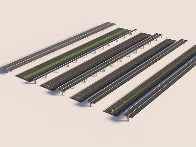 Multiple Parallel Bridges With Black Pavement Green And Yellow Median Strips Supported By White Piers 3d model