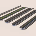 Multiple Parallel Bridges With Black Pavement Green And Yellow Median Strips Supported By White Piers