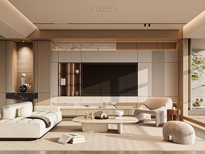 Modern Living Room Interior Design With White Sofa TV Wall Coffee Table And Wooden Decor 3d model