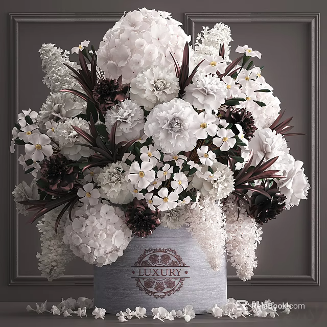 Decorative Ornament Set With Luxury Vase And White Dark Brown Floral Arrangement For Home Decor 3d model 