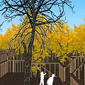 Scenic Wooden Road Facility Platform With Green Tent Statue Two Figures And Yellow Trees