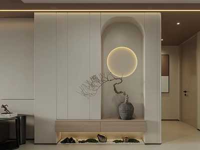 Modern Elegant Restaurant With Round Pendant Light Curved Wall Vase Branch Decoration And Wooden Bench 3d model
