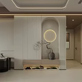 Modern Elegant Restaurant With Round Pendant Light Curved Wall Vase Branch Decoration And Wooden Bench