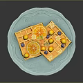 Delicious Waffles on Blue Plate with Orange Slices Blueberries and Yellow Fruits and Flower Decorations