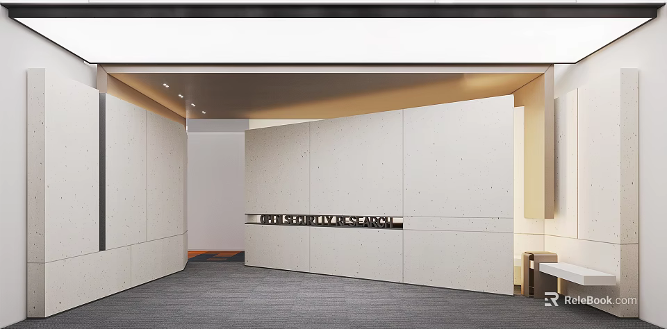 Modern Front Desk Reception Area With Textured White Walls Gray Carpet And Recessed Lighting 3d model 