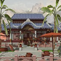 Traditional Ancient Chinese Architecture Complex With Blue Roofs Palm Trees And Courtyard Design