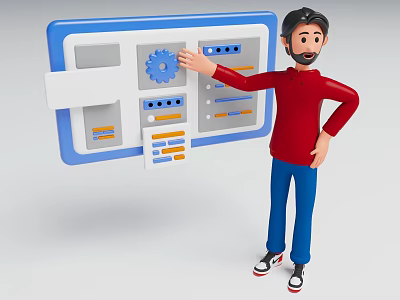 Cartoon Man Operating Blue Control Panel With Gear Buttons And Indicators 3d model