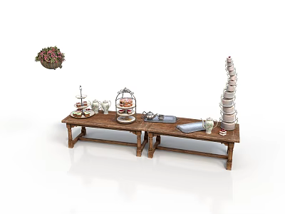 Wooden Display Table With Dessert Stand White Cups Silver Tray Stacked Plates And Green Plant 3d model