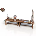 Wooden Display Table With Dessert Stand White Cups Silver Tray Stacked Plates And Green Plant