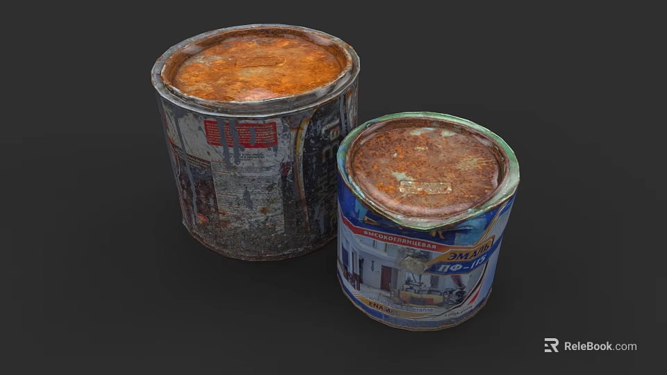 Two Old Rusty Metal Cans As Vintage Household Items With Worn Packaging 3d model 