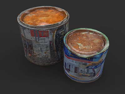 Two Old Rusty Metal Cans As Vintage Household Items With Worn Packaging 3d model