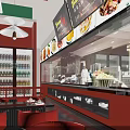 Modern Restaurant Interior With Red Walls Red Chairs Open Counter And Food Displays