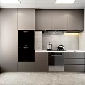 Modern Kitchen Interior With Gray Cabinets Marble Walls Open Shelves Sink And Window