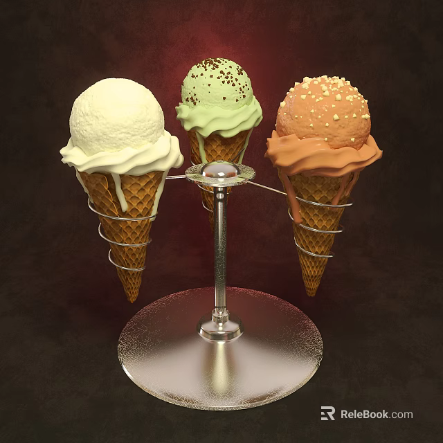 Colorful Ice Cream Cones On Metal Stand With Waffle Cones Chocolate Sprinkles And Nut Toppings 3d model 