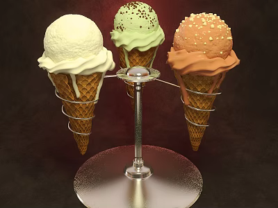 Colorful Ice Cream Cones On Metal Stand With Waffle Cones Chocolate Sprinkles And Nut Toppings 3d model