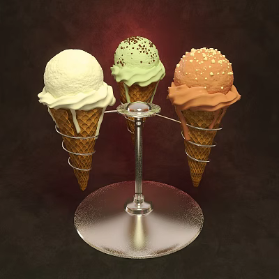 Colorful Ice Cream Cones On Metal Stand With Waffle Cones Chocolate Sprinkles And Nut Toppings 3d model