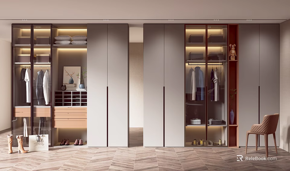 Modern Wardrobe Design With Sleek Doors Open Shelves Hanging Rods And Built in Lighting 3d model 