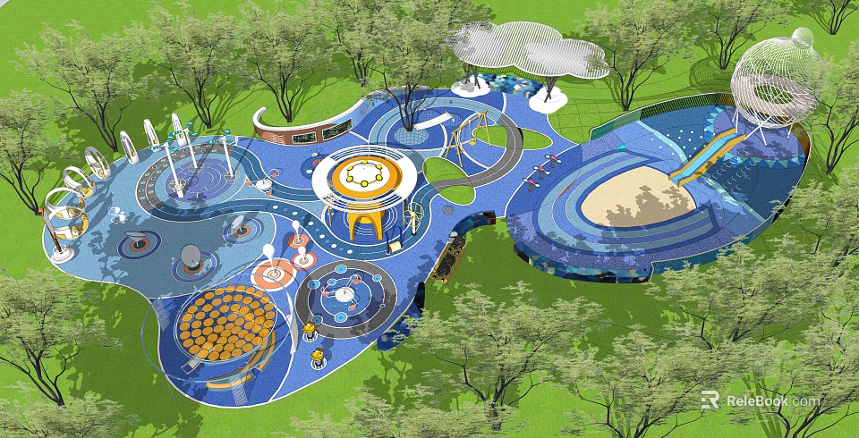 Colorful Kids Playground with Play Structures Green Trees Slide and Interactive Tracks 3d model