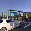Urban Bus Station With Green Shelter Billboards White Sports Car And Bicycles