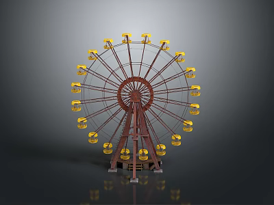 Ferris Wheel With Yellow Cabins And Red Structure On Gray Background With Reflection 3d model