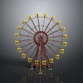 Ferris Wheel With Yellow Cabins And Red Structure On Gray Background With Reflection
